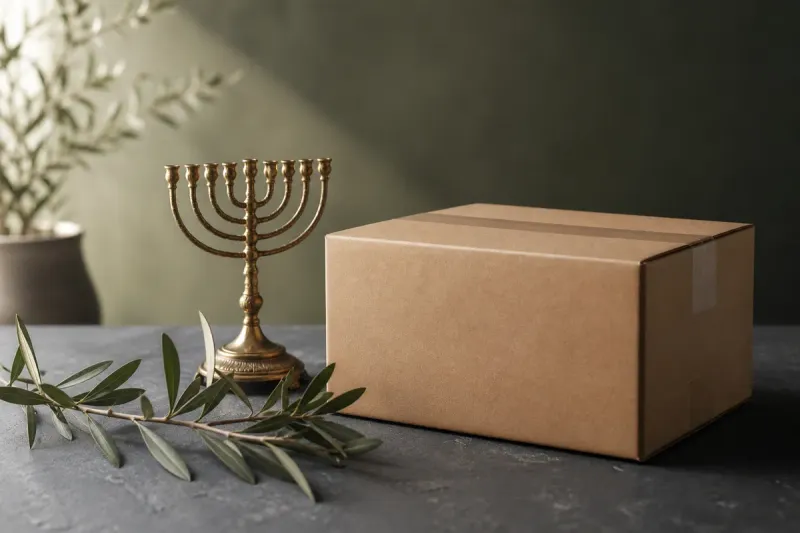 Editorial parcel and Judaica props for a shipping-first comparison mood.