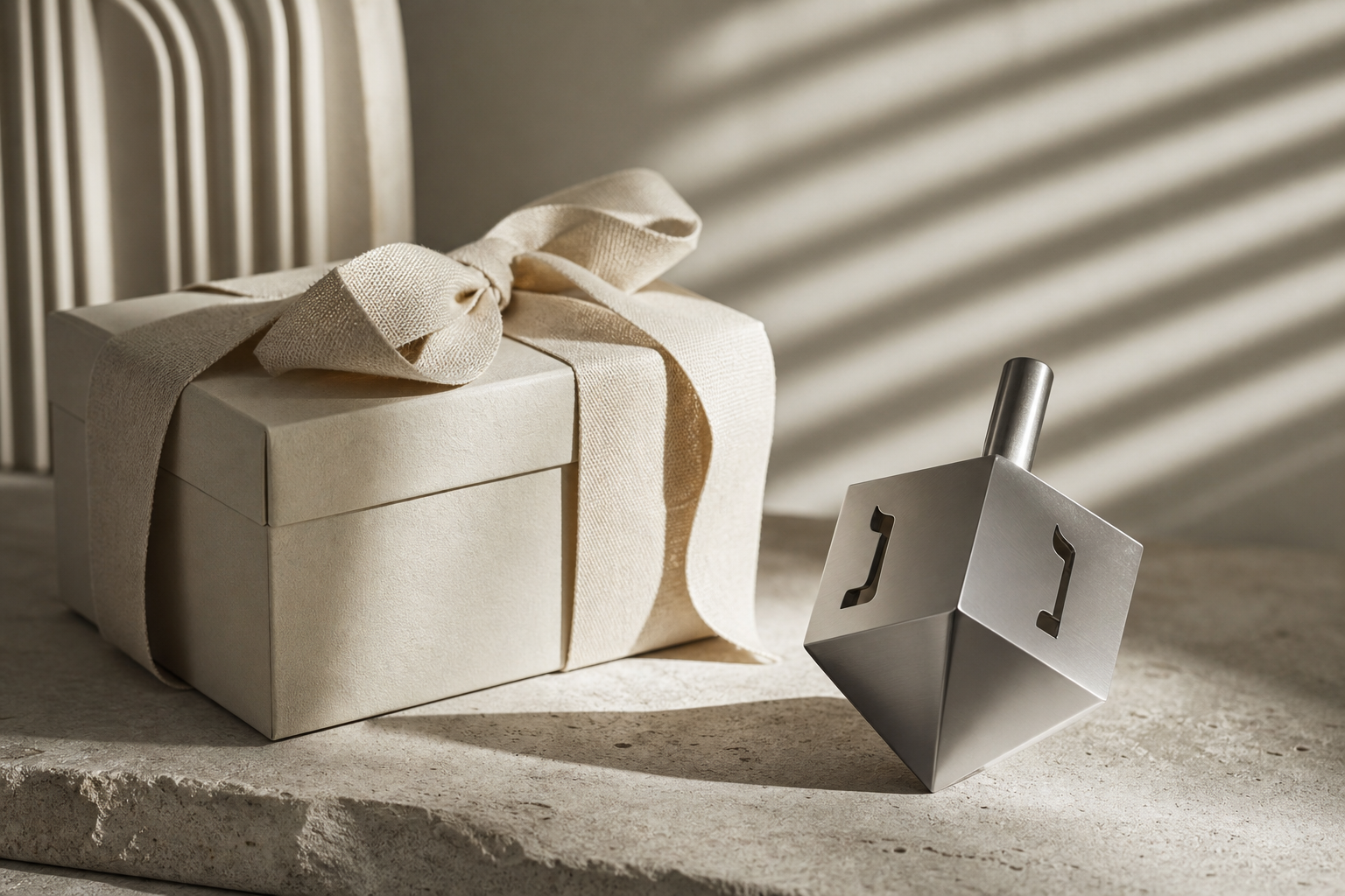 Atelier-grade Judaica gifting still life—elevated ceremonial objects bathed in soft light for premium storefront comparisons.