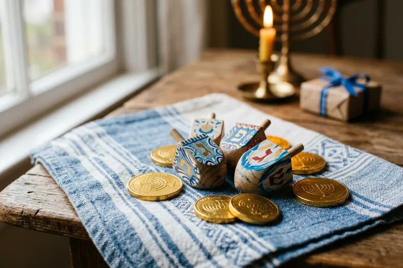 Painted wooden dreidels and chocolate gelt coins on a blue cloth.