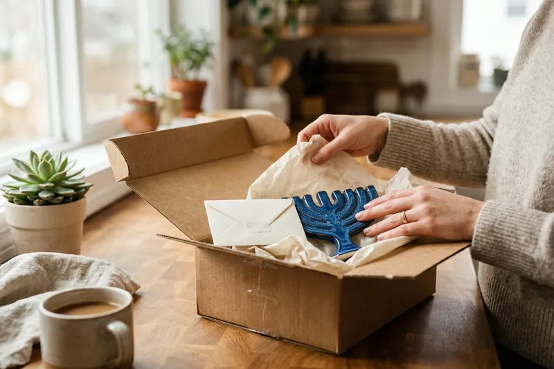 Hands unwrapping a blue Hanukkah menorah from a gift box with a card.