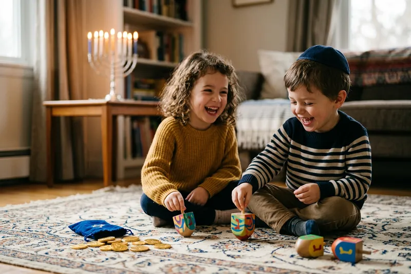 Two children spinning dreidels on a rug with gelt, a lit menorah behind them.