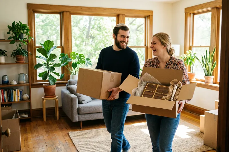 Couple carrying moving boxes into a sunny new home.