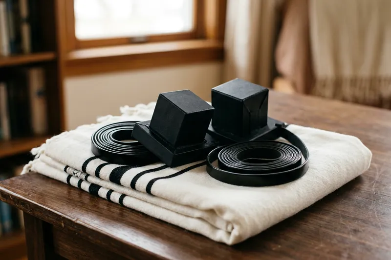 A pair of black leather tefillin with square boxes and coiled straps resting on a folded white tallit on a wooden table.