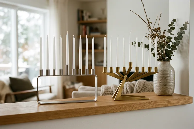 Minimalist steel and geometric brass Hanukkah menorahs on an oak shelf.