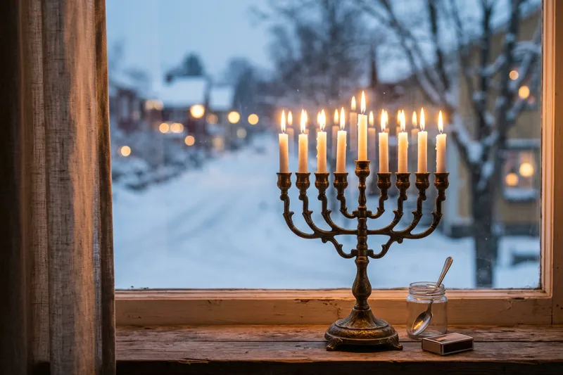 Brass Hanukkah menorah with nine lit candles in a snowy window.