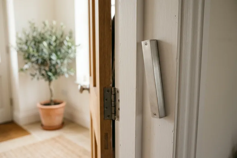 Brushed-silver mezuzah case mounted on a white doorpost.