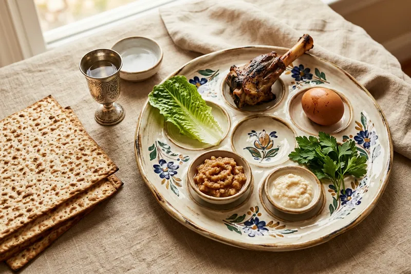 Painted ceramic seder plate with shank bone, egg, maror and charoset beside matzah.