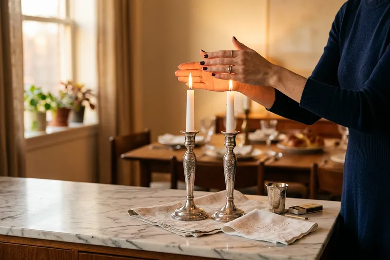 Woman lighting a pair of silver Shabbat candlesticks.