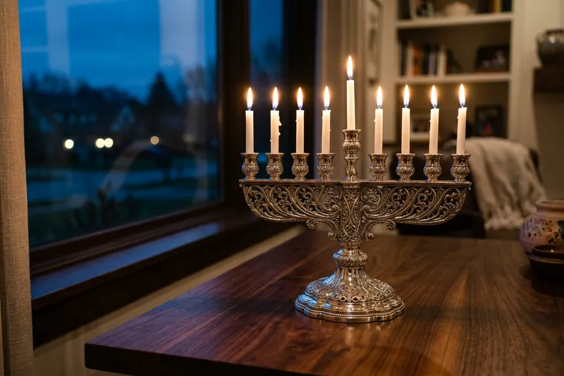 A handcrafted sterling silver Hanukkah menorah with all nine candles lit beside a window at dusk.