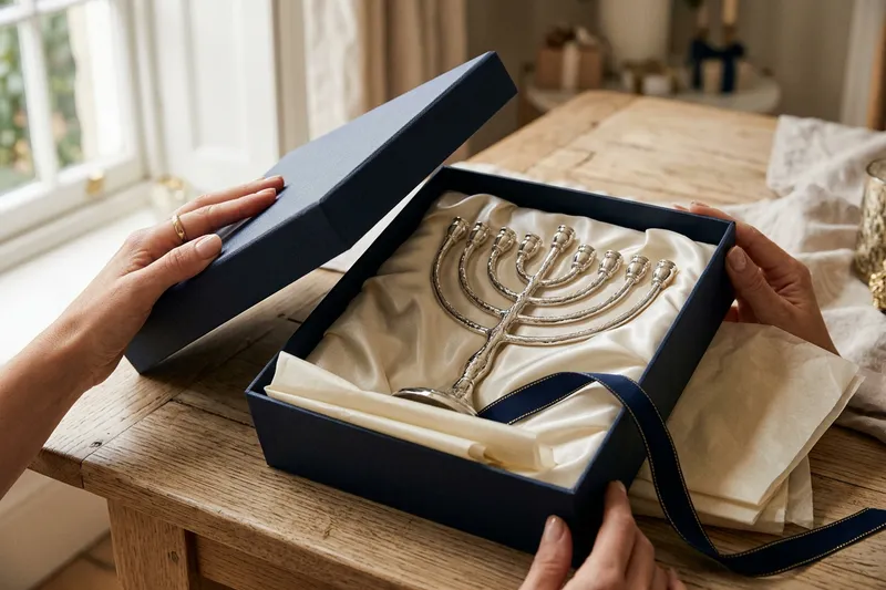 Hands opening a navy gift box to reveal a polished silver Hanukkah menorah on cream satin.