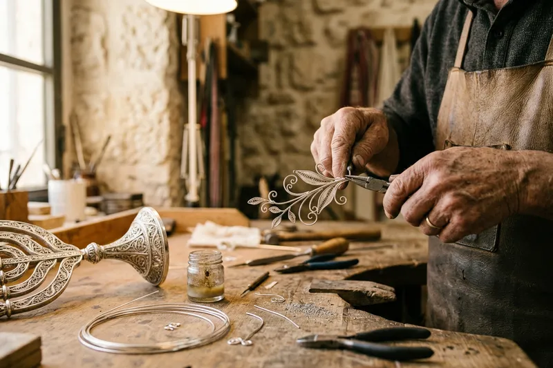 A silversmith's hands shaping silver filigree at a workbench beside a partly finished menorah.