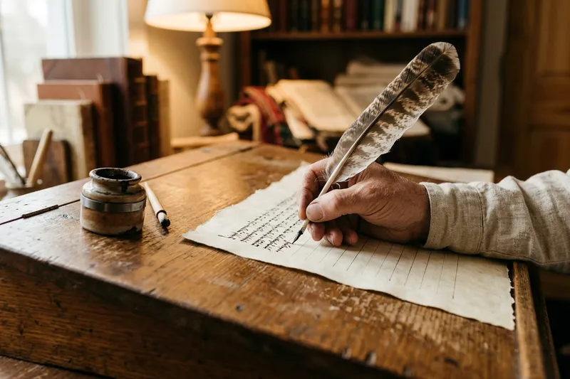 A scribe's hand holding a feather quill over a strip of parchment on a wooden desk.